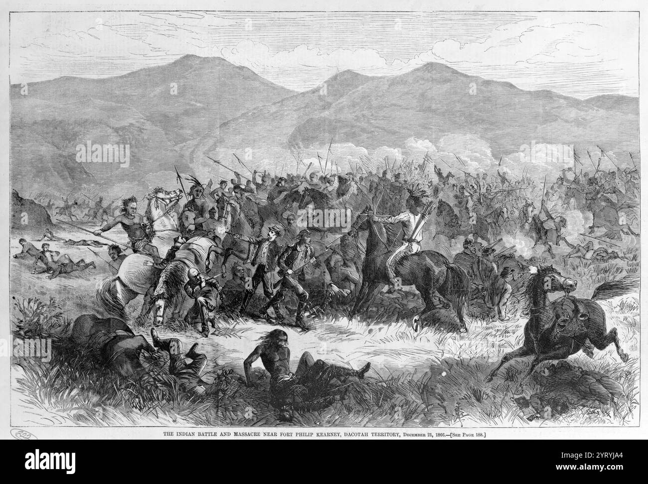 Il massacro di Fetterman il 21 dicembre 1866, tra una confederazione delle tribù Lakota, Cheyenne e Arapaho e un distaccamento dell'esercito degli Stati Uniti, con sede a Fort Phil Kearny, Wyoming. La missione militare degli Stati Uniti era destinata a proteggere i viaggiatori sul Bozeman Trail. Un gruppo di dieci guerrieri, tra cui Crazy Horse, agì per attirare un distaccamento di soldati statunitensi in un'imboscata. Tutti i 81 uomini sotto il comando del capitano William J. Fetterman furono poi uccisi dai guerrieri nativi americani. All'epoca, fu il peggior disastro militare mai subito dall'esercito americano nelle grandi Pianure. Foto Stock