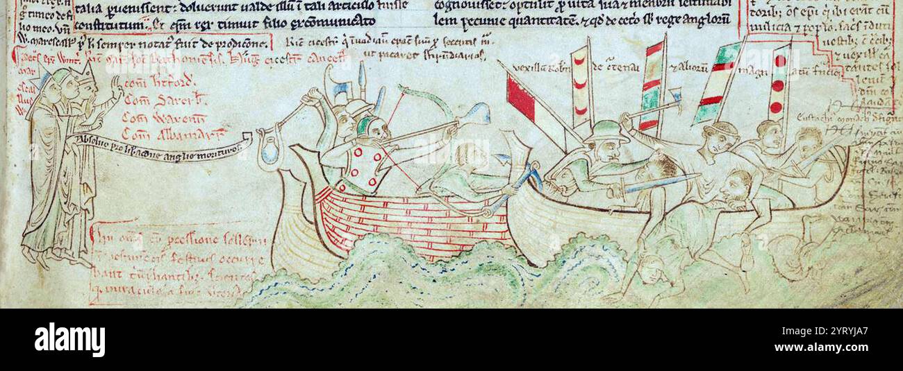 Matthew Paris, Battaglia di Sandwich 1217. La battaglia di Sandwich, 24 agosto 1217 durante la prima guerra dei baroni. Una flotta inglese di Plantagenet comandata da Hubert de Burgh attaccò una flotta francese capetina guidata da Eustachio il monaco e Roberto di Courtenay al largo di Sandwich, nel Kent. Gli inglesi catturarono la nave ammiraglia francese e la maggior parte delle navi di rifornimento, costringendo il resto della flotta francese a tornare a Calais. Foto Stock