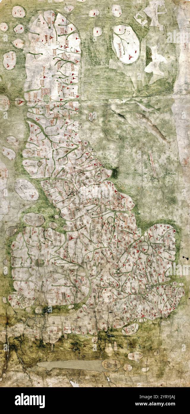 La Gough Map o Bodleian Map, una mappa tardo-medievale dell'isola di Gran Bretagna. Le sue date precise di produzione e paternità sono sconosciute. la borsa di studio suggerì una data di circa 1300 Foto Stock