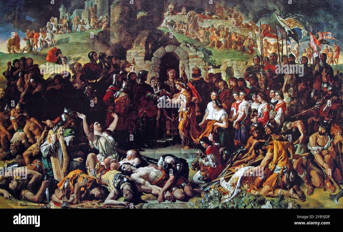 Dipinto del matrimonio di Aoife e Strongbow, un'immagine iconica dell'invasione normanna dell'Irlanda. Il matrimonio di Strongbow e Aoife (1854), di Daniel Maclise, raffigura il 1170 matrimonio del cavaliere normanno Richard de Clare (Strongbow) con la principessa irlandese Aoife N? Diarmait. È ritratto come un momento cruciale nella conquista normanna dell'Irlanda e nella morte dell'Irlanda gaelica. In primo piano ci sono i corpi dei guerrieri irlandesi morti. A sinistra c'è un'arpa celtica a corde rotte. Richard si trova su una croce alta rotta WHA 197 0436 Foto Stock
