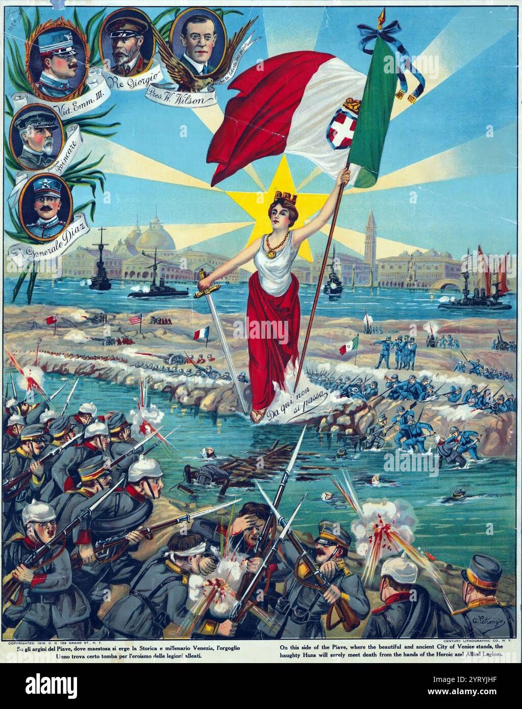 Poster di propaganda italiana raffigurante la battaglia del fiume Piave, combattuta nel giugno 1918. Questa battaglia, vinta dall'Italia, fu l'inizio della fine dell'Impero austro-ungarico nel 1918 Foto Stock