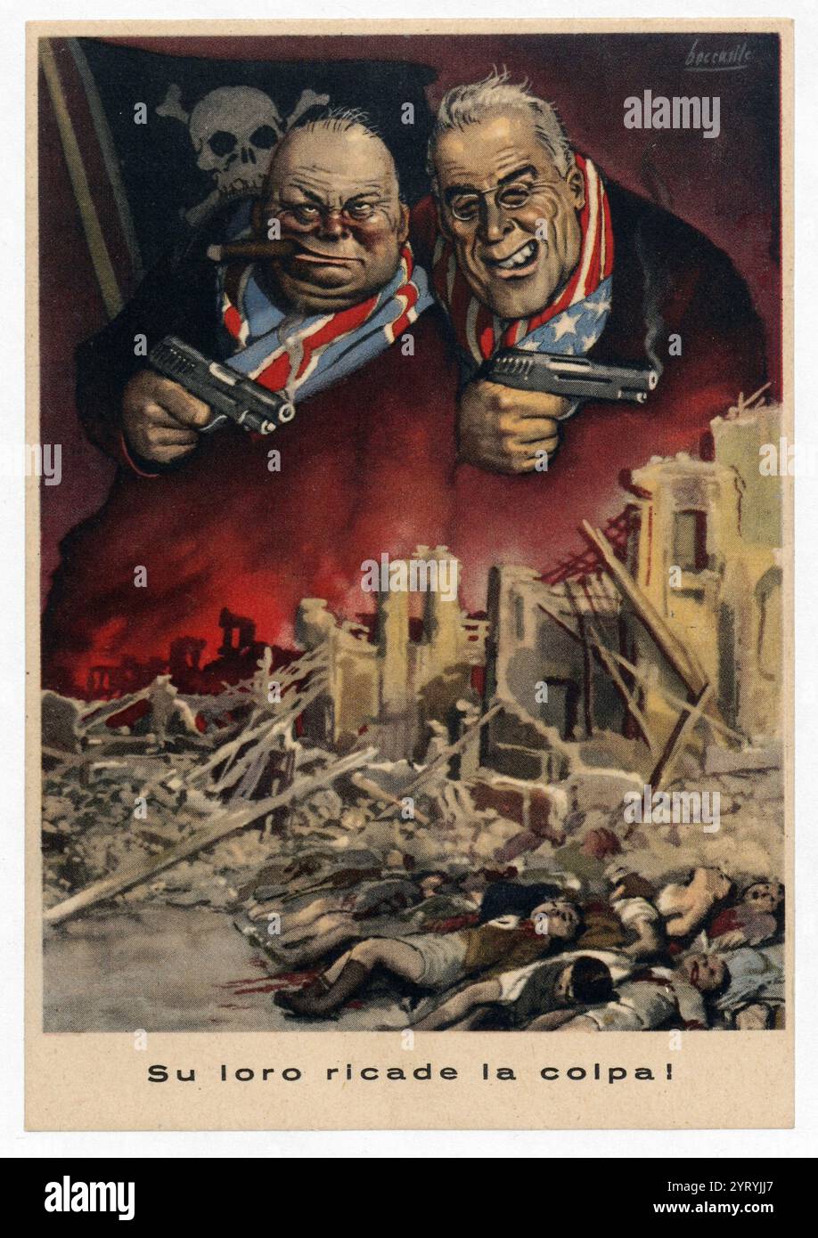 Propaganda satirica dell'illustratore italiano Gino Benemsile (1901?1952), che mostra caricature di Winston Churchill e Franklin D. Roosevelt come gangster che tengono in mano pistole, una bandiera pirata con teschio e ossa incrociate e morti sul terreno in una città di rovine. Manifesto rilasciato dalla Repubblica sociale Italiana, noto come Stato Nazionale Repubblicano d'Italia (Repubblica di Sal?), uno stato fantoccio tedesco creato durante la seconda guerra mondiale, che esisteva dall'inizio dell'occupazione tedesca dell'Italia nel settembre 1943 fino alla resa Foto Stock