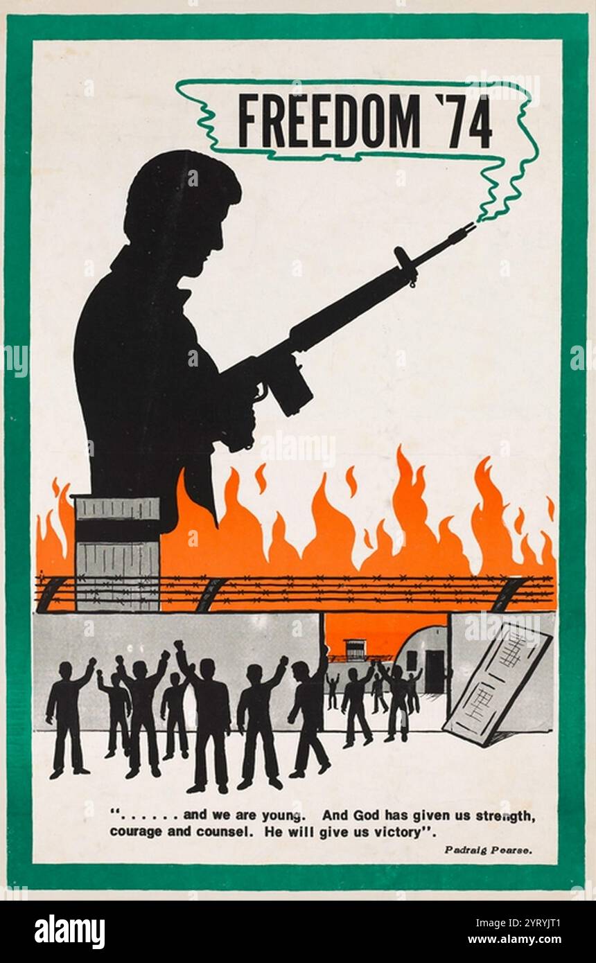 Manifesto di propaganda dell'esercito repubblicano irlandese, 1974 durante i disordini. Foto Stock