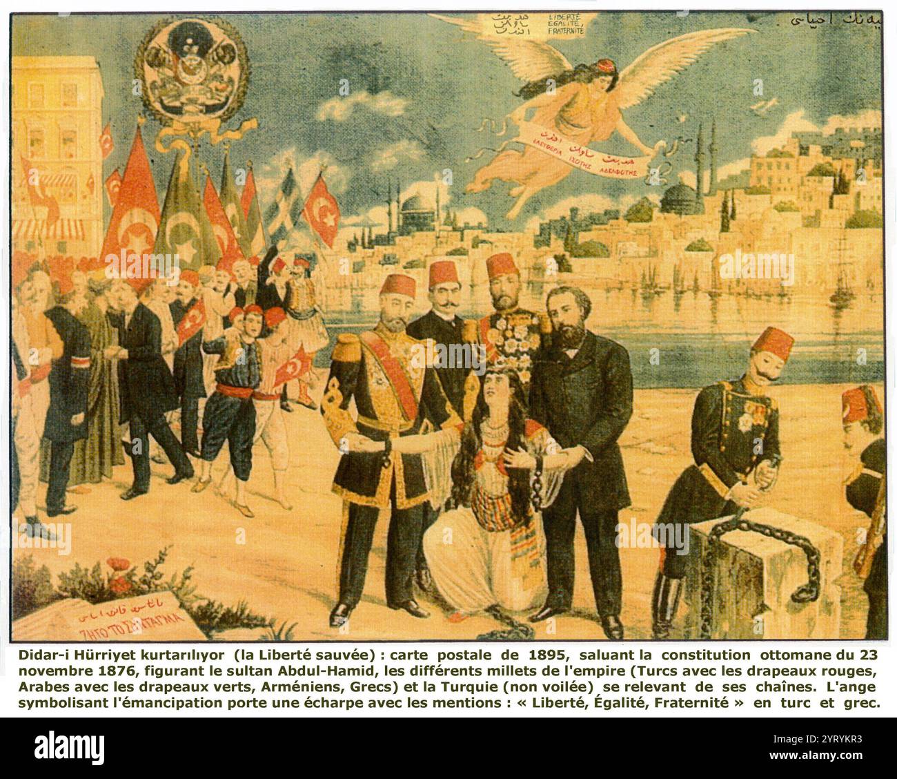 Cartolina postale ottomana che celebra la rivoluzione dei giovani turchi nel 1908 e la reintroduzione della Costituzione del 1876 nell'Impero ottomano; lo striscione mostrato da un angelo significa "libertà, uguaglianza, fraternità" in turco e greco. Data 1908 Foto Stock