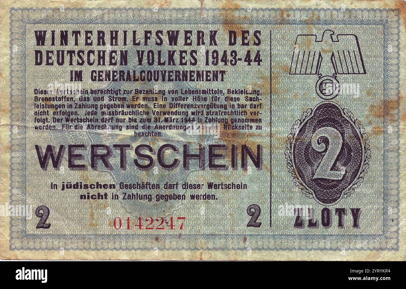 Nota Winterhilfswerk - problema GG con clausola antisemitica, "questo voucher non può essere dato come pagamento nei negozi ebraici". Il Winterhilfswerk des Deutschen Volkes (soccorso invernale del popolo tedesco), o Winterhilfswerk (WHW), era un'iniziativa annuale di donazione da parte del National Socialist People's Welfare per aiutare a finanziare il lavoro di beneficenza. Utilizzato come misura di emergenza per sostenere le persone durante la grande depressione, è diventato una componente importante dello stato sociale tedesco. Foto Stock