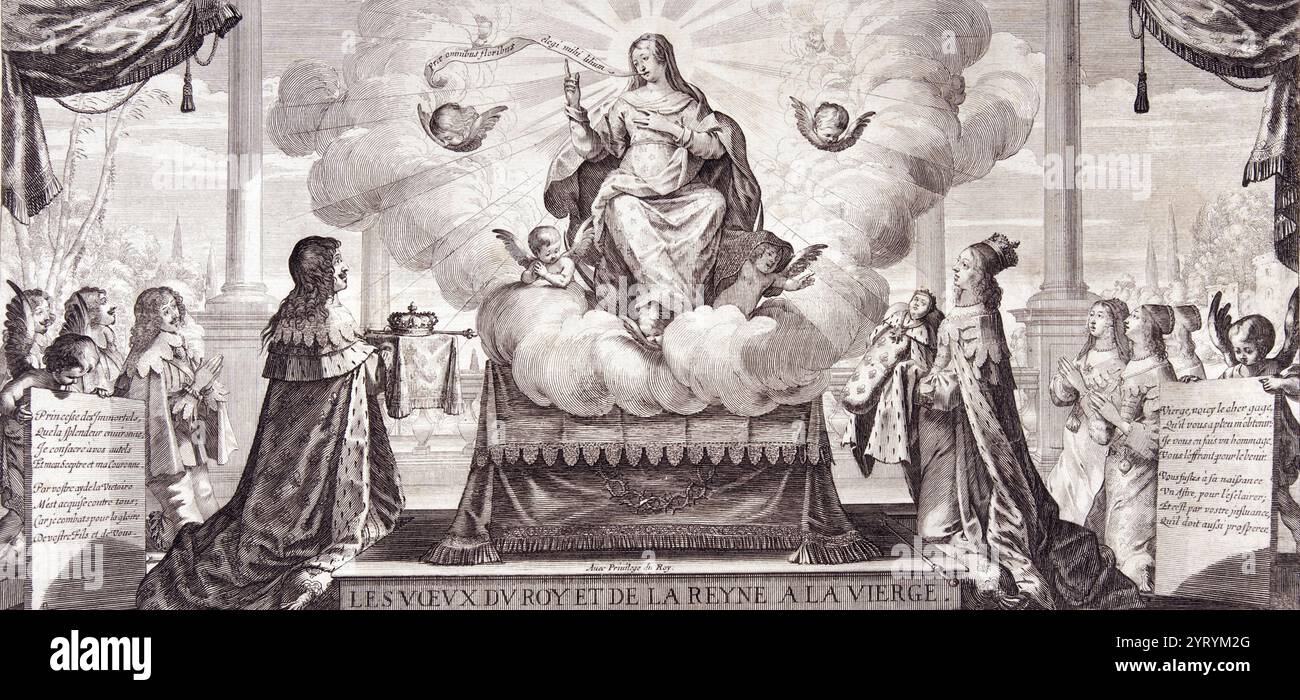 Abraham Bosse - Almanach per il 1639: Luigi XIII e Anna d'Austria affidano il regno e il principe sotto la protezione della Vergine Foto Stock