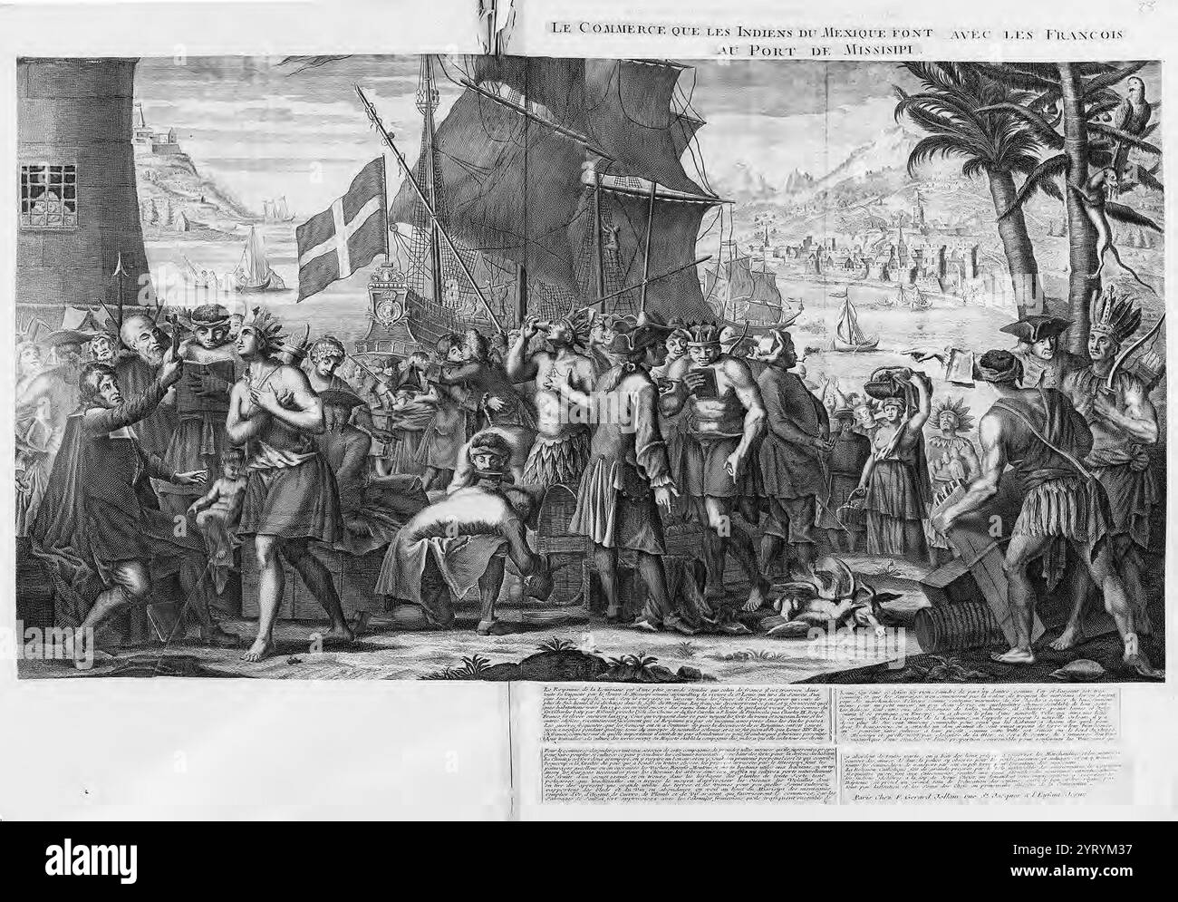 Commercio tra gli indiani del Messico e i francesi al porto del Mississippi. Nel XVIII secolo, la Louisiana francese copriva il territorio che comprendeva circa 20 attuali stati statunitensi. Esplorata e nominata da Robert Cavalier de la Salle nel 1682, fu colonizzata a partire dal 1699. In quell'anno, re Luigi XIV e il suo ministro, Pontchartrain, ordinarono a Pierre le Moyne d'Iberville, assistito da suo fratello, Jean Baptiste le Moyne de Bienville, di formare un insediamento permanente alla foce del Mississippi al fine di contrastare eventuali invasioni britanniche. Foto Stock