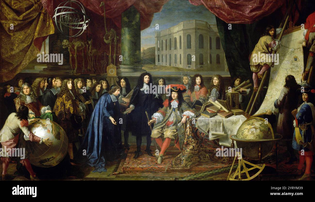 Colbert presenta i membri della Royal Academy of Sciences a Luigi XIV nel 1667, di Henri Testelin; sullo sfondo appare il nuovo Osservatorio di Parigi. Dipinto da Henri Testelin (1616?1695) Foto Stock