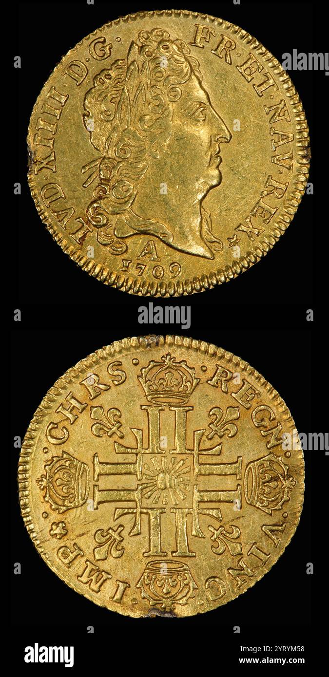 Luigi d'Or (1709), raffigurante Luigi XIV di Francia. Moneta d'oro del XVIII secolo (1709-1715). Foto Stock