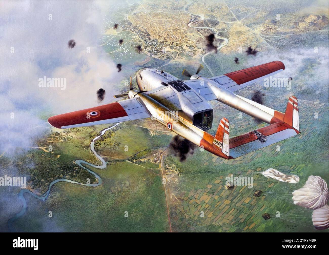 Questo dipinto registra le operazioni aeree del trasporto aereo civile (CAT, un'agenzia proprietaria) e i suoi piloti a contratto della CIA a sostegno delle forze francesi a Dien Bien Phu durante gli ultimi giorni del conflitto tra i francesi e i Viet Minh nel 1954. Un aereo Fairchild C-119, con i segni della US Air Force verniciati con i Roundels della French Air Force, getta rifornimenti dalla base aerea francese di Haiphong, al campo di battaglia. Dipinto nel 2006, da Jeffrey W. Bass Foto Stock
