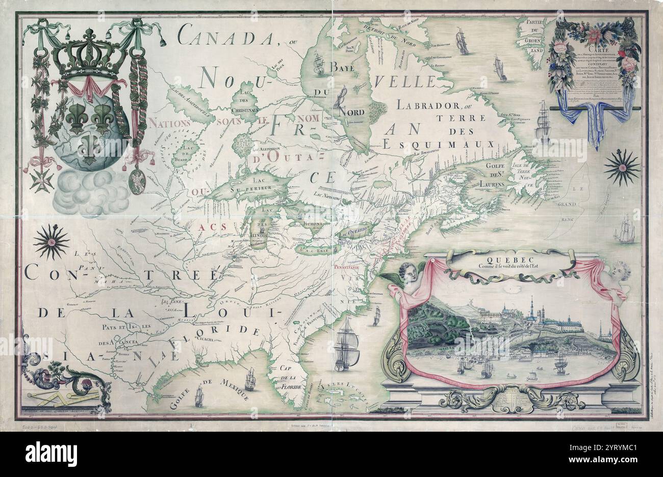 Mappa coloniale francese del Canada e del Nord America di Iean Baptiste Louis Franquelin, idrografo di re Luigi XIV, in Quebec in Canada. Copiato tra il 1909 e il 1910 dal manoscritto originale del 1688. Foto Stock