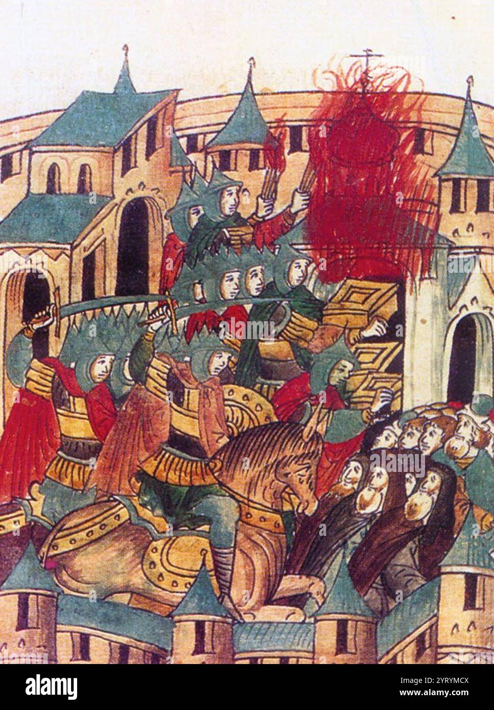 Saccheggio di Suzdal da parte di Batu Khan nel febbraio 1238. Invasione mongola della Russia. Una miniatura del XVI secolo Foto Stock