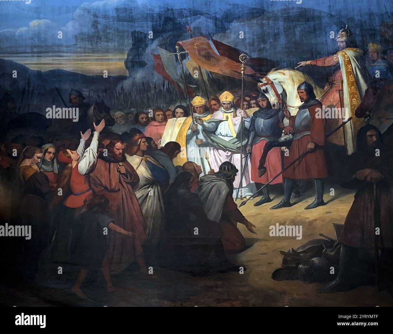 Charlemagne a Paderborn di Ary Scheffer (1795?1858); 1835. Nel 799 papa Leone III fuggì dai suoi nemici a Roma e raggiunse Paderborn, dove incontrò Carlo Magno, e vi rimase per tre mesi. Fu durante questo periodo che si decise che Carlo Magno sarebbe stato incoronato imperatore. Carlo Magno reintegrò Leone a Roma nel 800 e fu incoronato imperatore del Sacro Romano Impero da Leone in cambio. Nel 836 Foto Stock