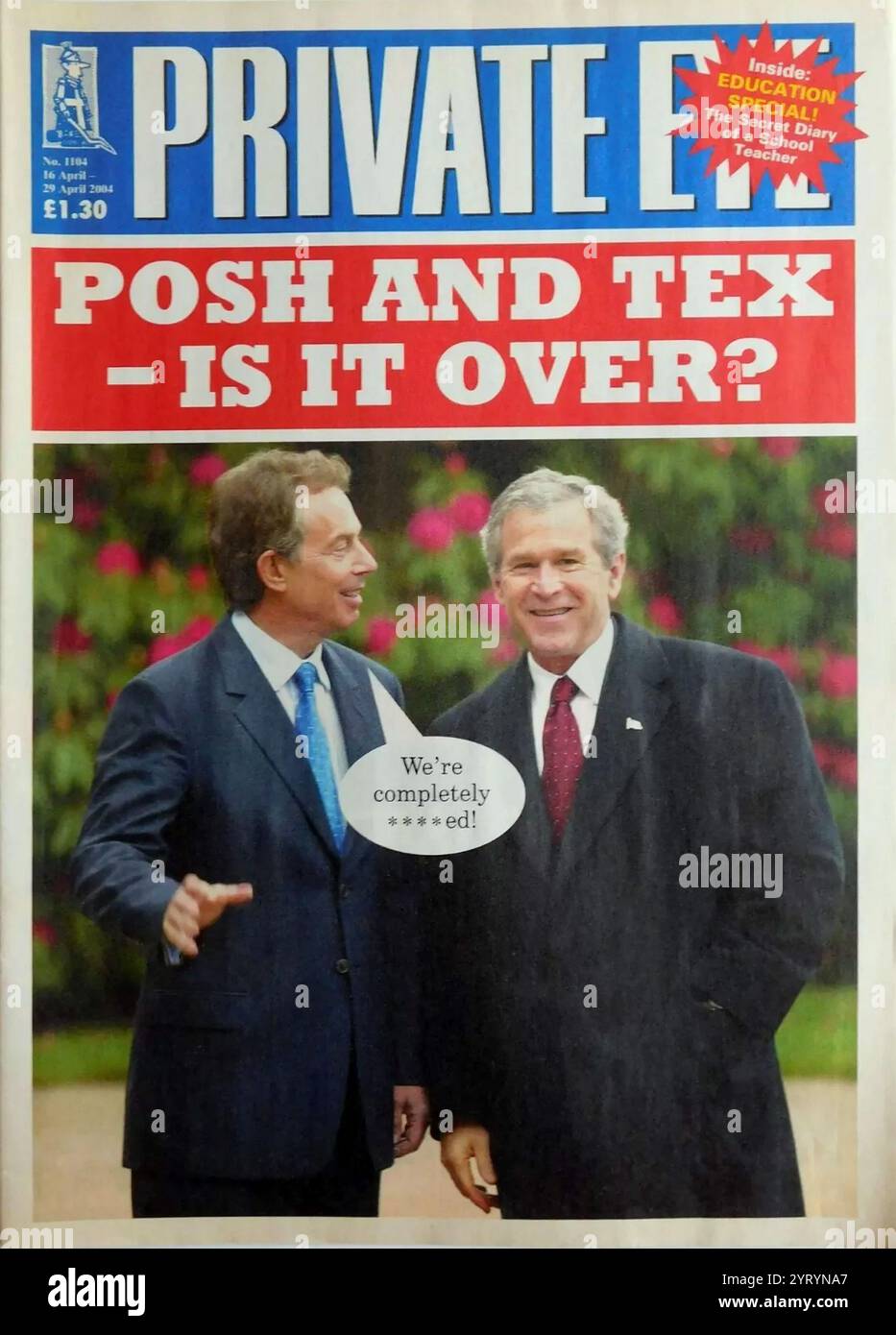 Prima di copertina della rivista satirica britannica, OCCHIO PRIVATO?, 16 aprile 2004 Tony Blair, George Bush. Foto Stock