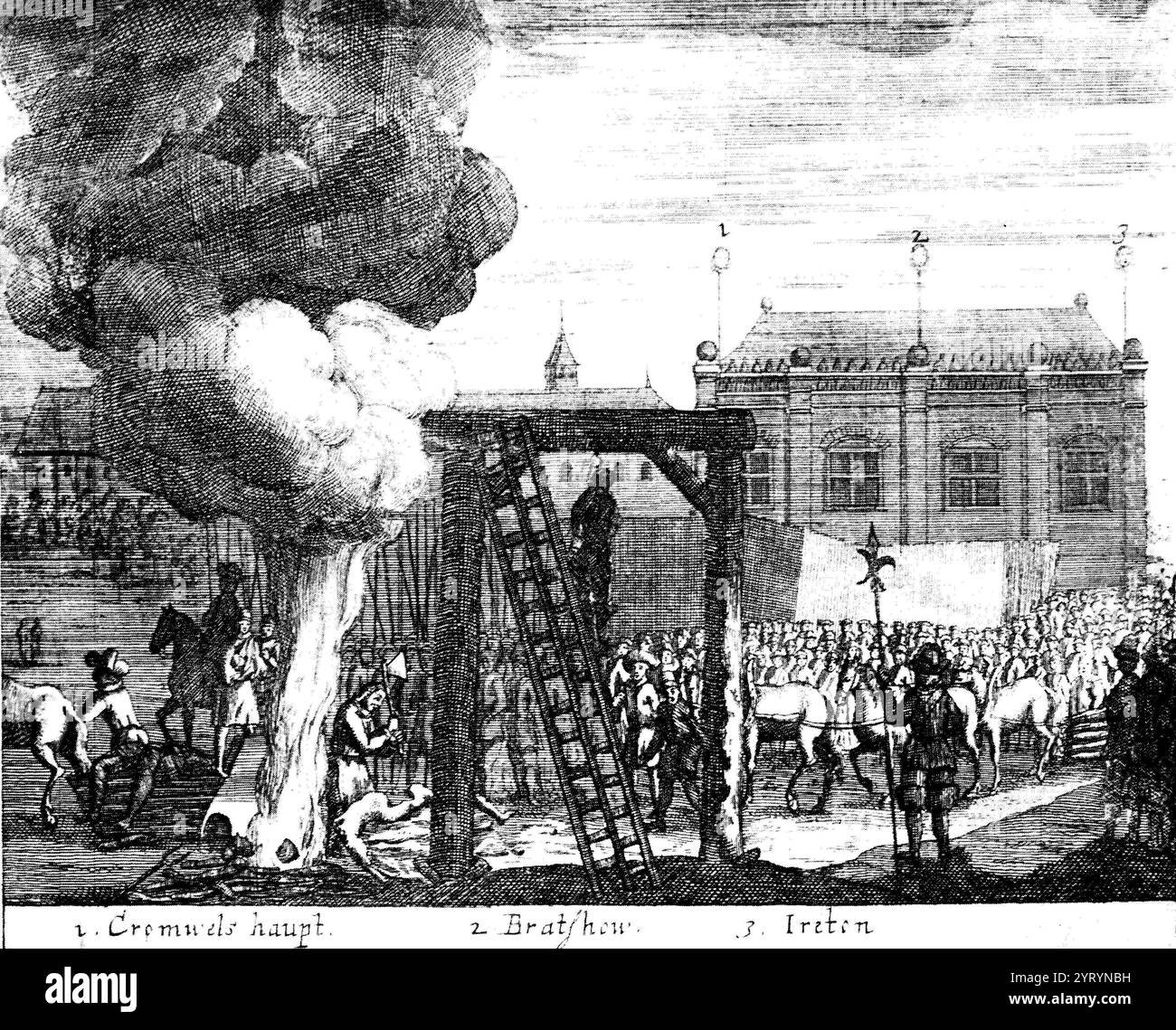 Quando re Carlo II fu richiamato dall'esilio, il suo nuovo parlamento, nel gennaio del 1661, ordinò il disintossicazione del corpo di Cromwell dall'abbazia di Westminster, così come quelli di John Bradshaw e Henry Ireton, per un'esecuzione postumo a Tyburn. Foto Stock