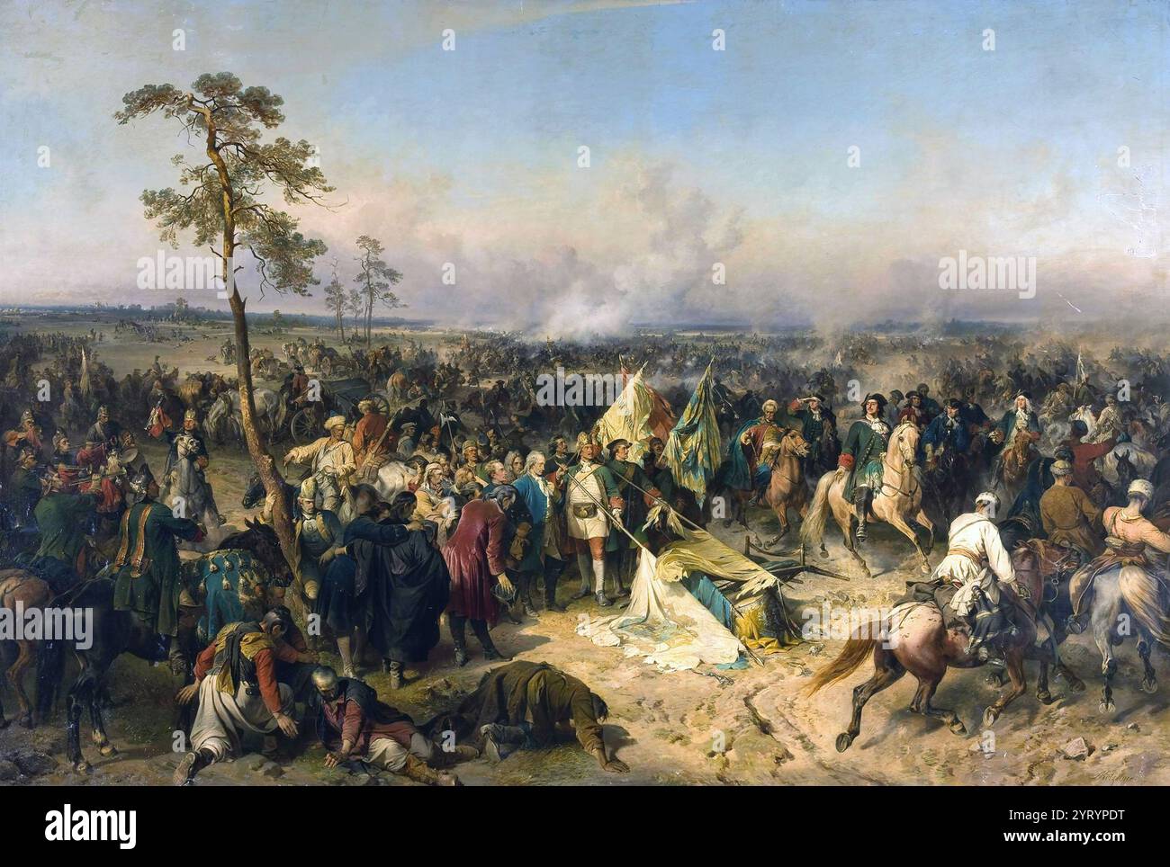 Vittoria a Poltava il 27 giugno 1709 di Alexander Kotzebue (1815?1889). La battaglia di Poltava (8 luglio 1709) fu la battaglia decisiva e più grande della grande Guerra del Nord. Un esercito russo sotto il comando dello zar Pietro i sconfisse un esercito svedese, sotto il comando di Carl Gustaf Rehnski'ld. Foto Stock