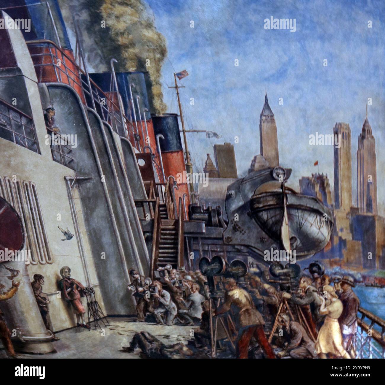 Affresco-secco dipinto nel 1937 da Reginald Marsh come parte del Treasury Relief Art Project. I murales più grandi ritraggono l'attività di spedizione nel porto di New York e nel New Jersey, si trovano nella Alexander Hamilton U.S. Custom House (originariamente New York Custom House), un edificio governativo, museo ed ex casa doganale al 1 Bowling Green, vicino all'estremità meridionale di Manhattan a New York City, New York, Stati Uniti. Foto Stock