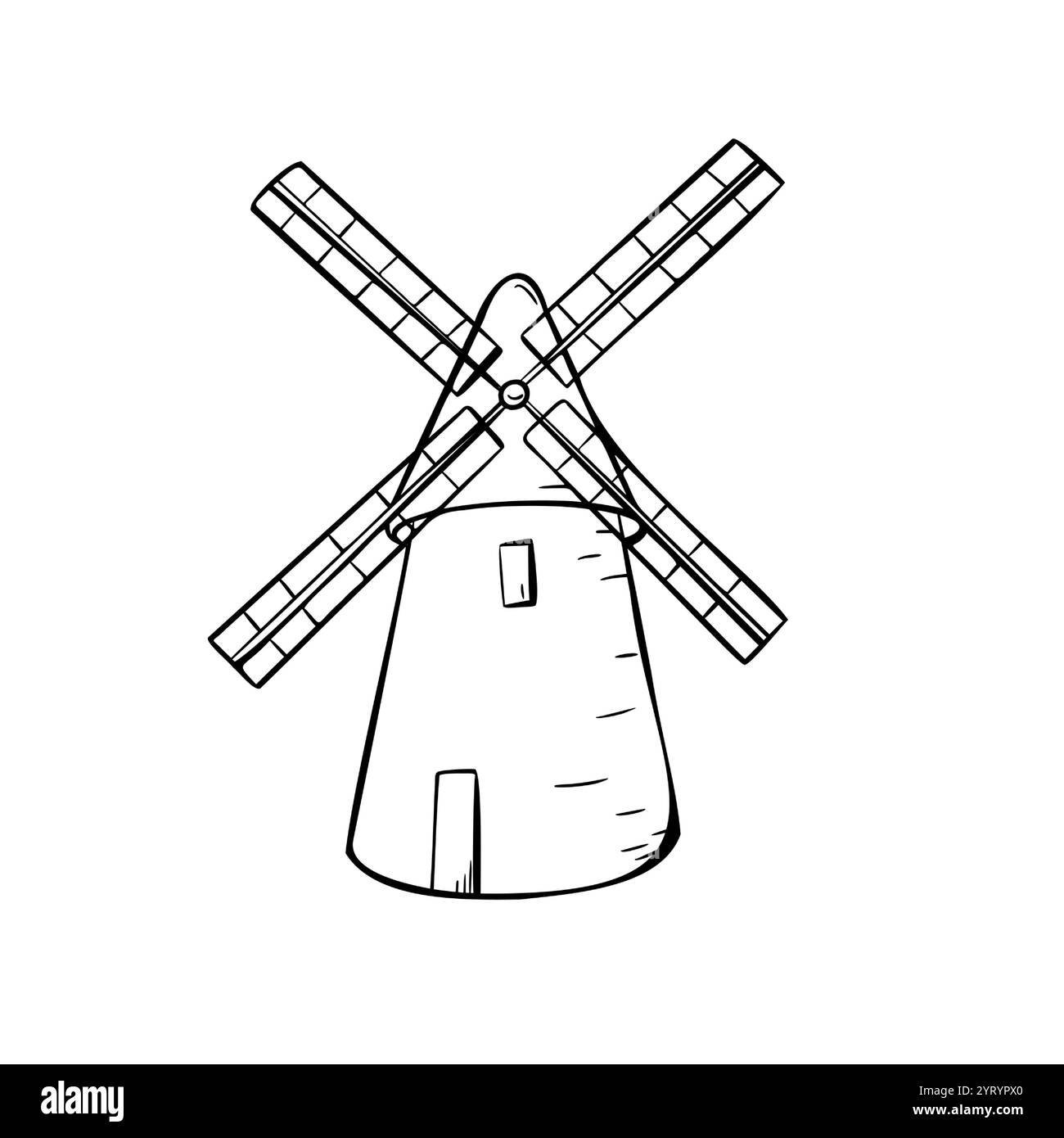 Mulino a vento, mulino ad aria, illustrazione vettoriale bianco e nero isolato. Pane per la produzione rurale disegnato a mano. Tower Mill, Dutch Mill sketch per la progettazione Illustrazione Vettoriale