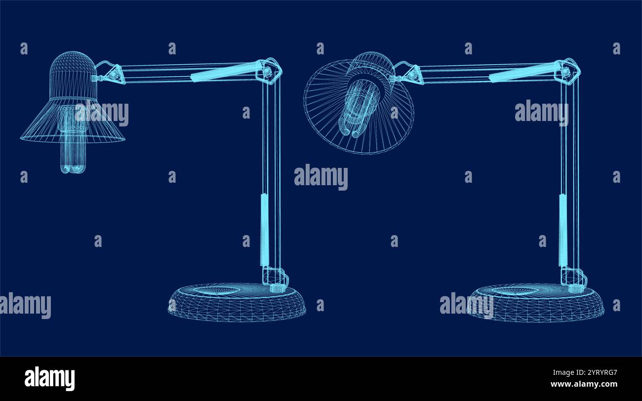 Lampada da tavolo con lampadina a struttura a reticolo. Illustrazione vettoriale. Isolato su sfondo blu. 3D. Illustrazione Vettoriale