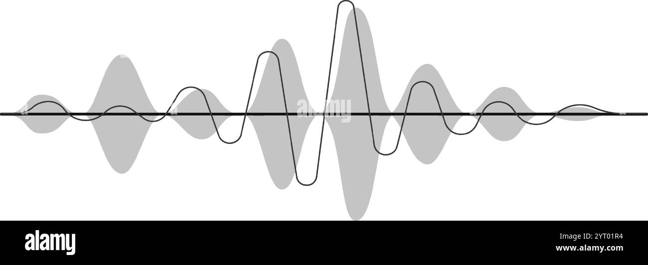 L'onda musicale astratta e la frequenza del segnale radio si fondono in una visualizzazione digitale della voce, creando un vibrante vettore equalizzatore di sintonizzazione rispetto a Illustrazione Vettoriale