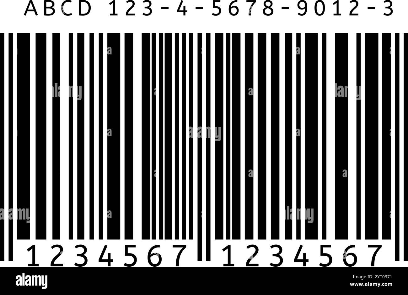 Codice a barre in bianco e nero con numeri e lettere che rappresentano l'identificazione dei prodotti al dettaglio, la gestione dell'inventario e la tecnologia di scansione dei supermercati Illustrazione Vettoriale