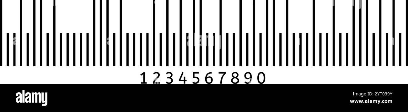 Codice a barre in bianco e nero con i numeri sotto che rappresentano l'identificazione dei prodotti al dettaglio, la gestione dell'inventario, i sistemi di monitoraggio e il supermercato Illustrazione Vettoriale