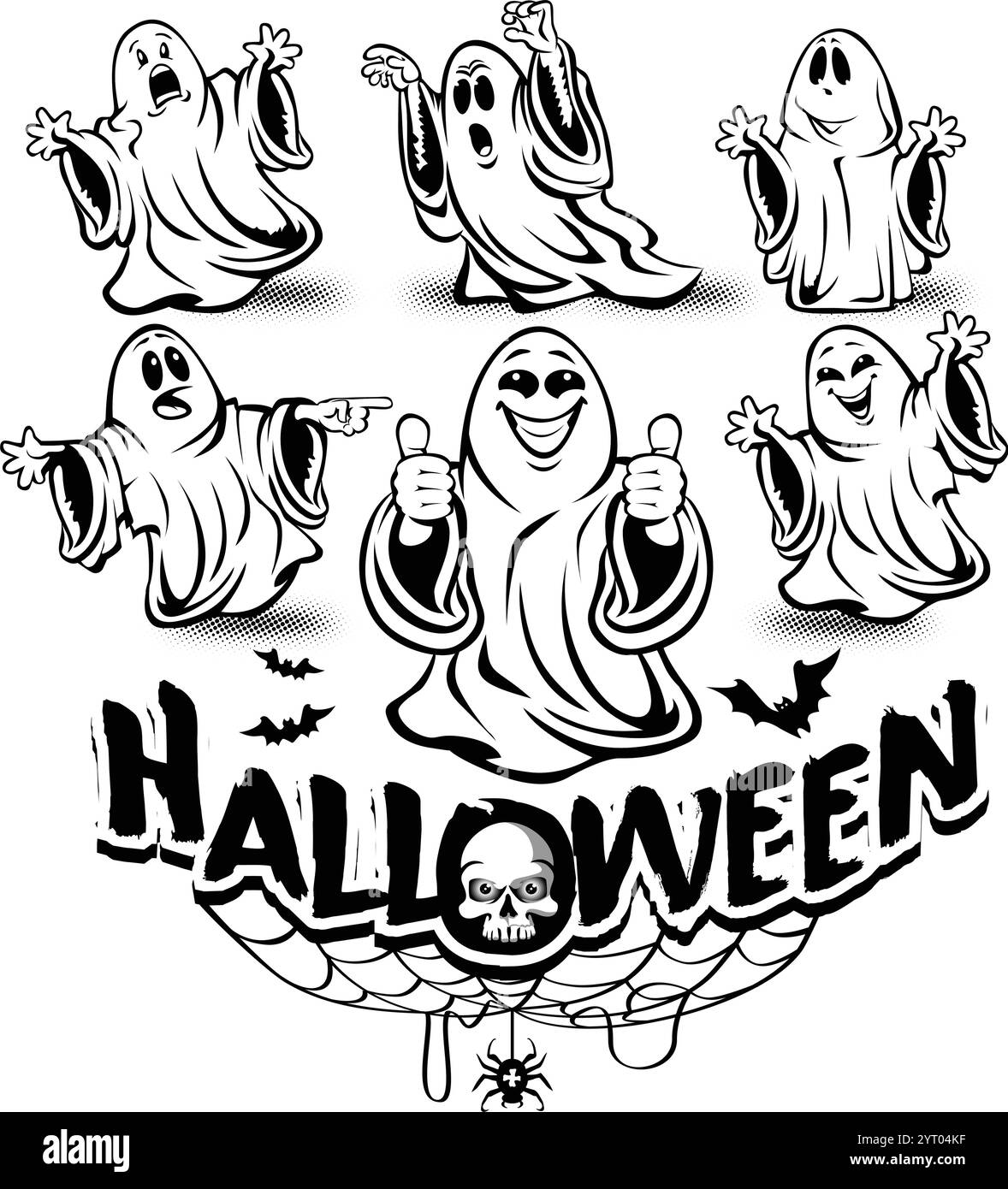 Set fantasmi di Halloween. Raccolta di fantasmi divertenti con emozioni diverse. Decorazione vettoriale di Halloween su sfondo trasparente Illustrazione Vettoriale