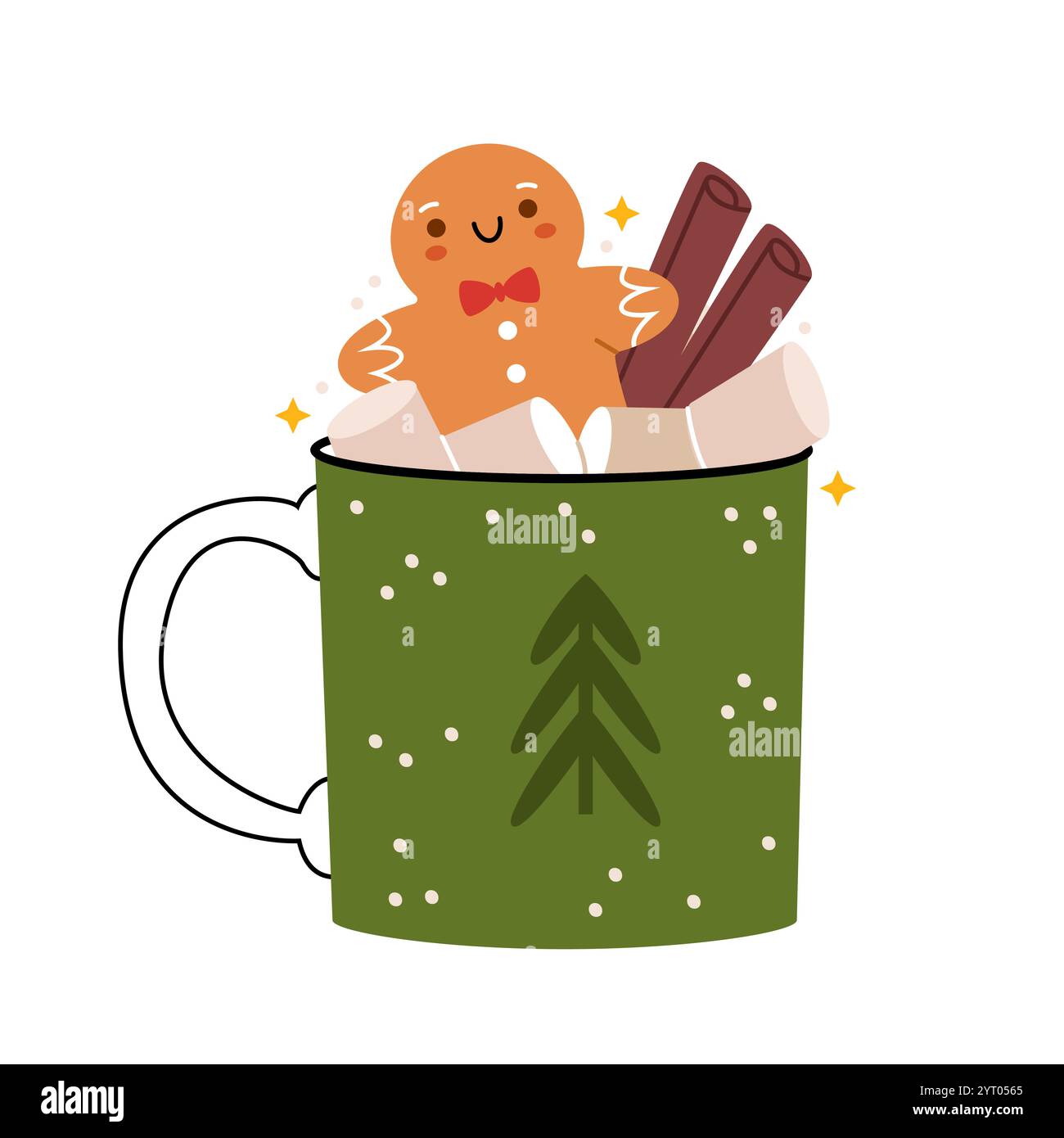 Bevanda invernale con marshmallow, cannella e pan di zenzero. Cacao. Atmosfera natalizia. Illustrazione Vettoriale