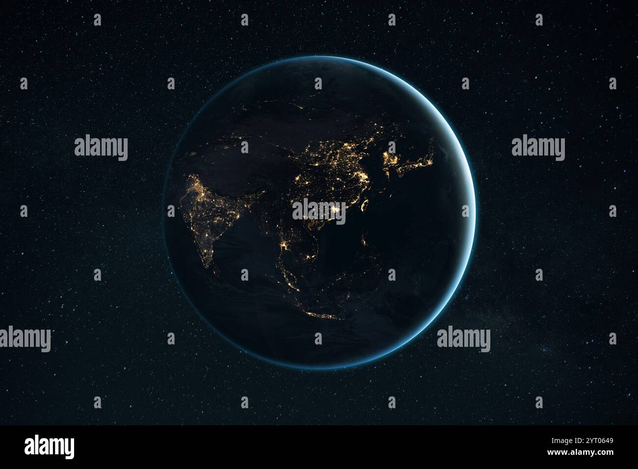 Bellissimo pianeta notturno Terra con i paesi asiatici: India, Cina, Corea, Giappone, Vietnam, Filippine, Indonesia, Pakistan, Bangladesh. Business e com Foto Stock