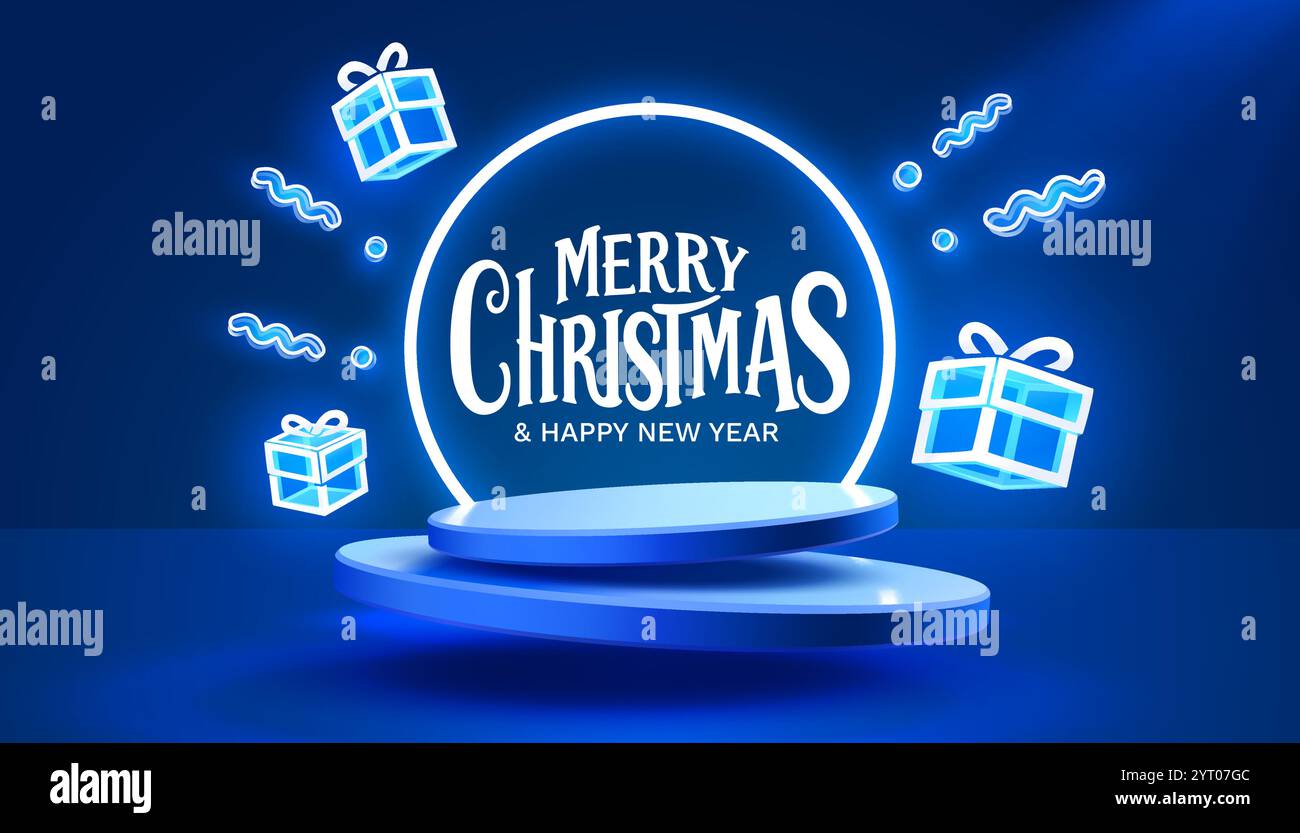 Buon Natale, podio al neon blu di Capodanno con messaggio di saluto. Vettore Illustrazione Vettoriale