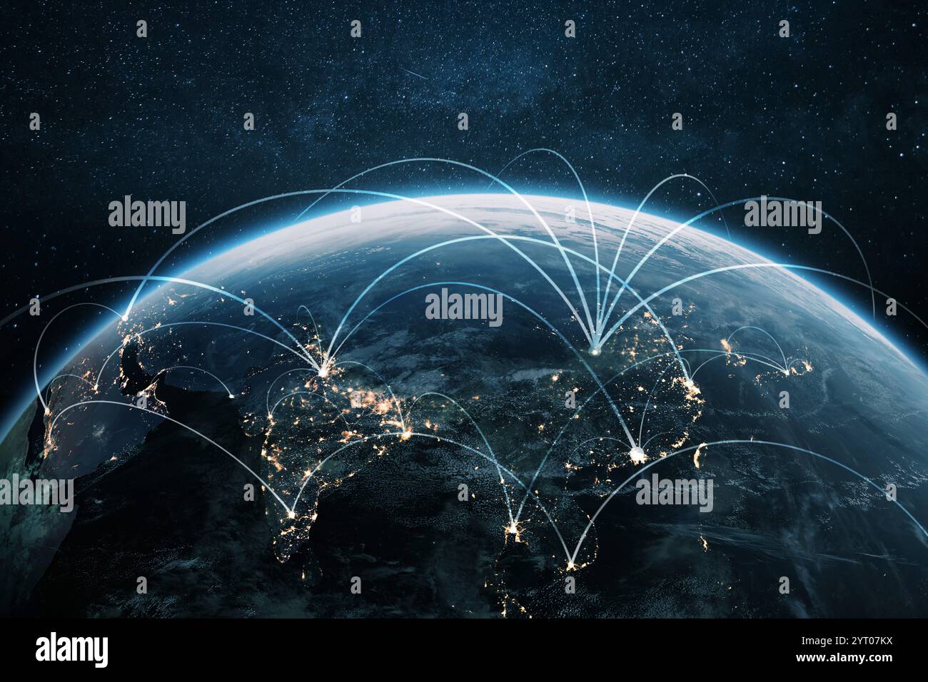 Pianeta notturno terra paesi asiatici con linee leggere di comunicazione e connessione. Business e finanza, concetto. Sistema di comunicazione globale e. Foto Stock