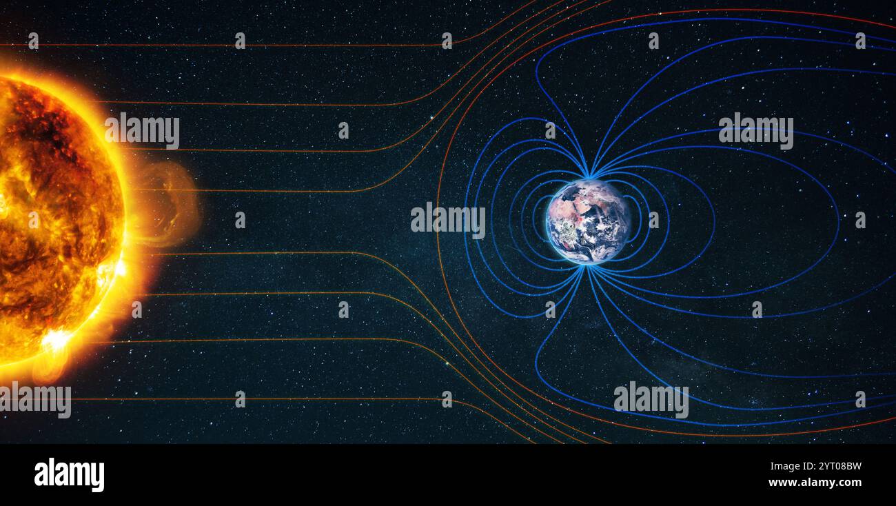 Il campo magnetico della Terra, creativo. Il campo magnetico terrestre, la Terra, il sole e il vento solare, il flusso di particelle. Bagliore solare e store magnetico terrestre Foto Stock