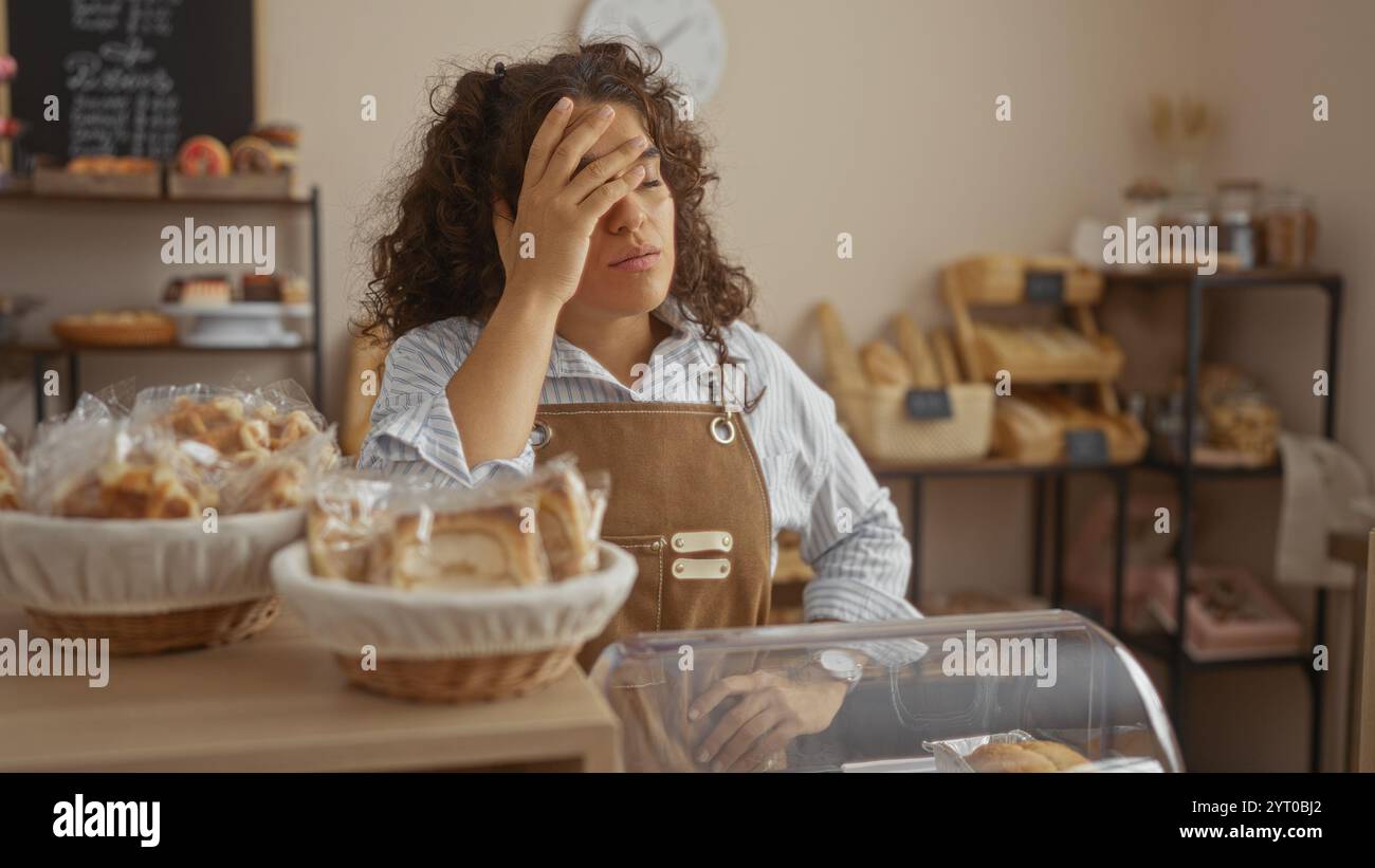 Donna che guarda stressata in una panetteria circondata da pane, indossa un grembiule e sta in piedi all'interno. Foto Stock
