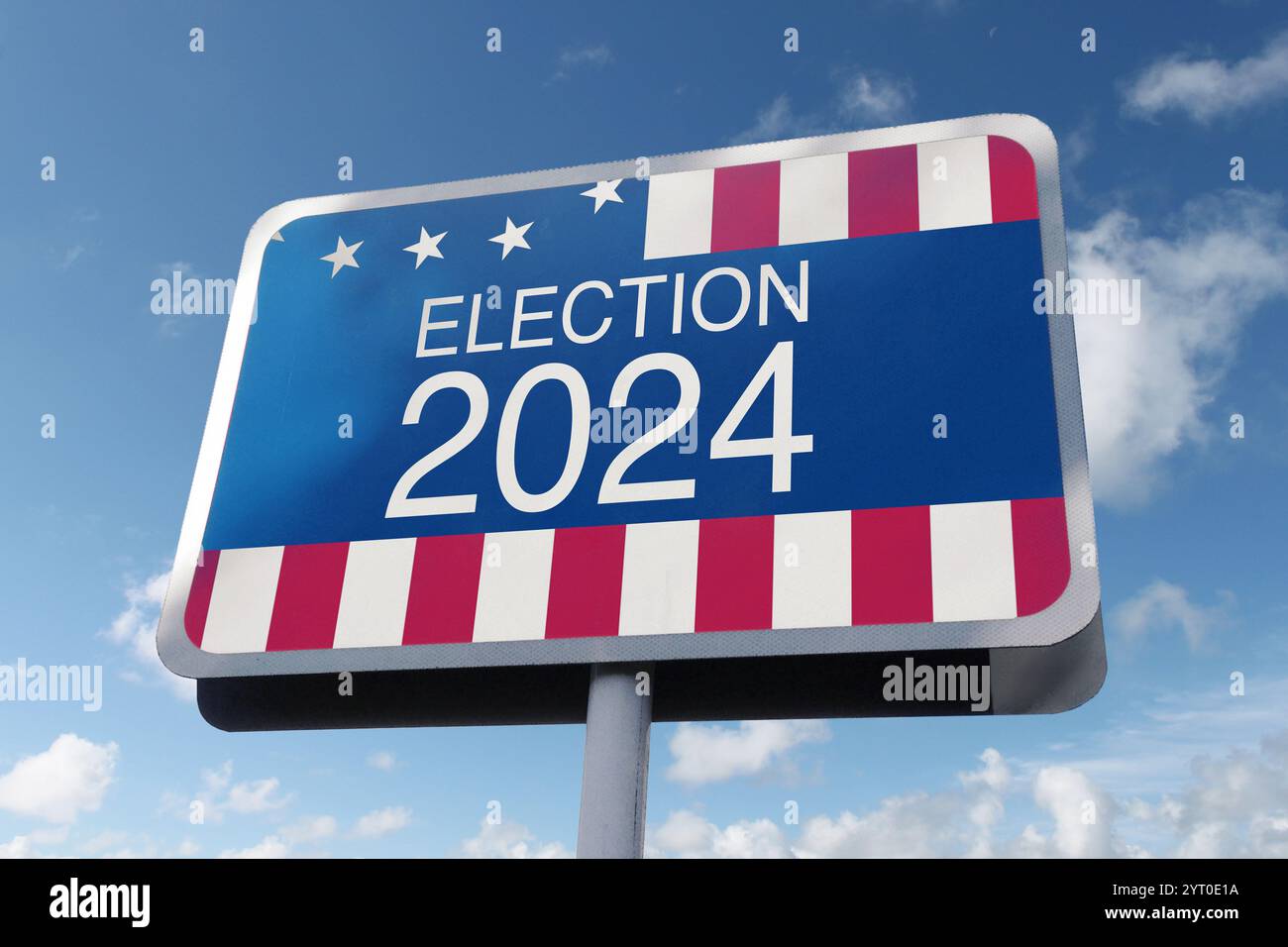 Cartello elezioni 2024 bandiera usa sul cielo blu. Libertà di scelta, concetto Foto Stock