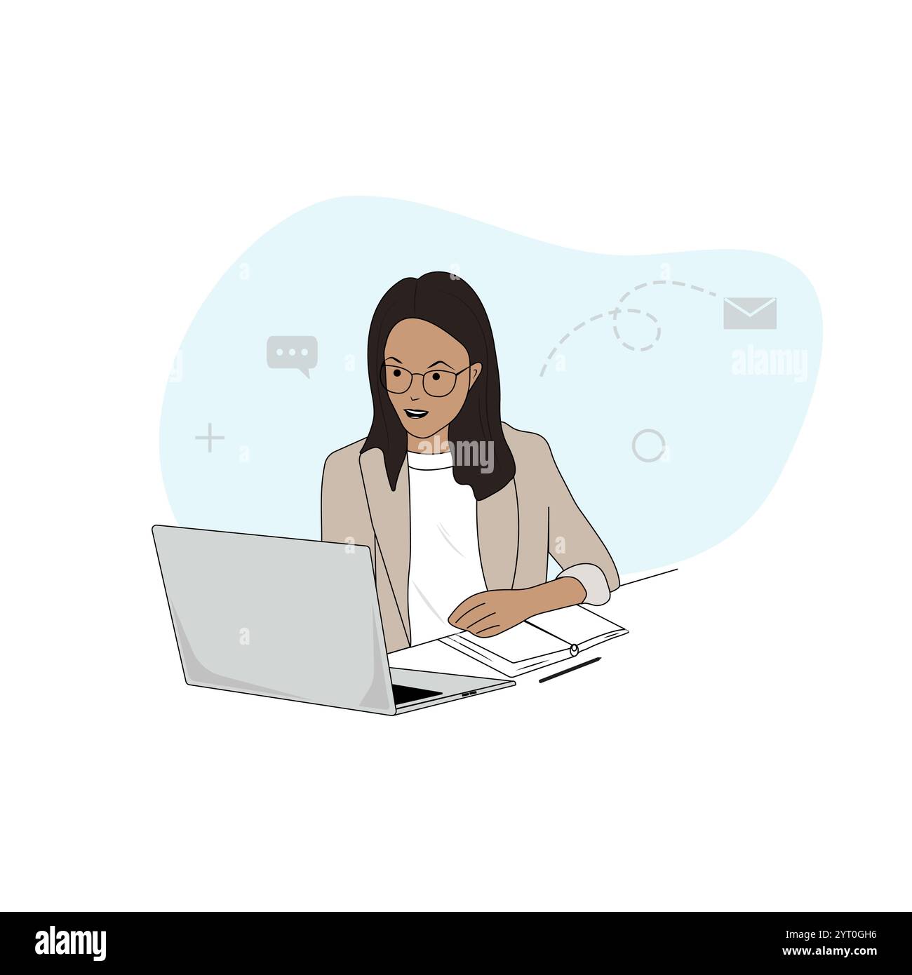 Donna che lavora, studia alla sua scrivania. La donna usa un notebook per riunioni online, per studiare. Freelance che prende appunti. Illustrazione vettoriale. Illustrazione Vettoriale