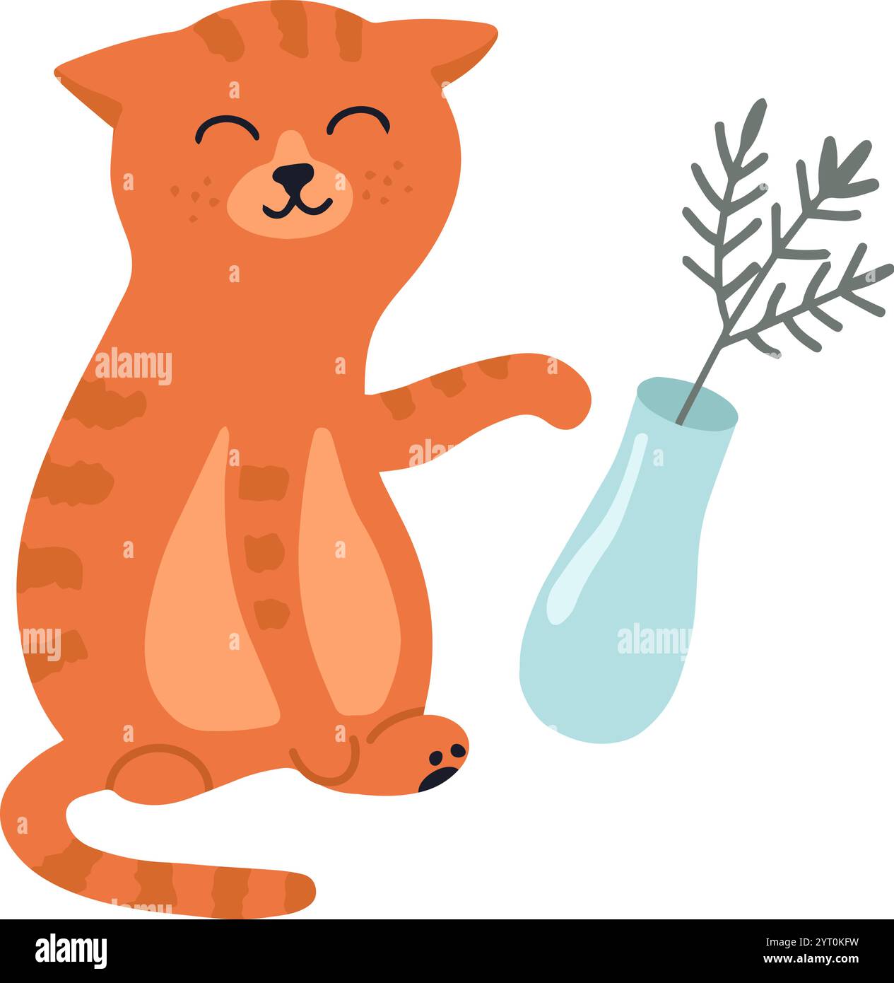 Illustrazione a cartoni animati con un gatto di zenzero che punta felicemente verso un vaso azzurro pieno di una pianta stilizzata, il tutto a contatto con un bianco pulito Illustrazione Vettoriale