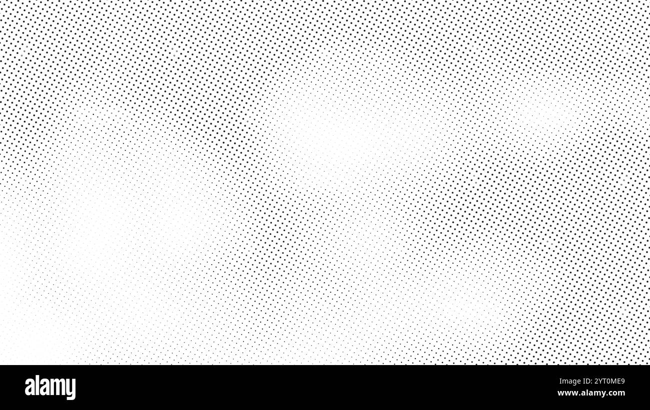 Sfumatura dinamica della trama con mezzitoni con punti neri che diminuiscono di dimensioni su uno sfondo bianco pulito. Gradiente di rumore vettoriale. Illustrazione Vettoriale