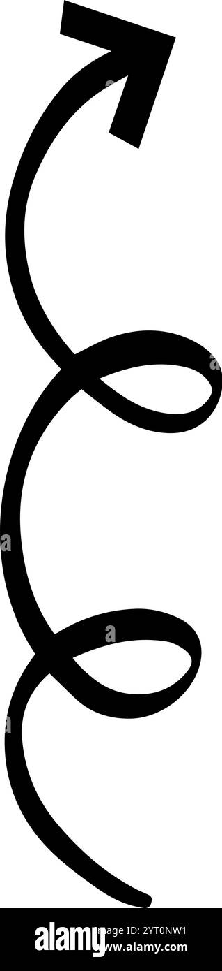 Freccia nera disegnata a mano che ruota verso l'alto, creando un percorso visivamente interessante con le sue linee curve, che suggerisce una traiettoria tortuosa o un percorso unico Illustrazione Vettoriale