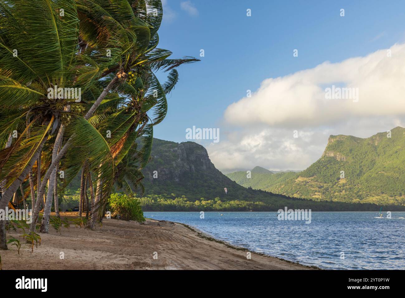 Spiaggia di palme spazzate dal vento a le Morne, sull'isola di Mauritius, nell'Africa orientale. Giugno 2024. Foto Stock