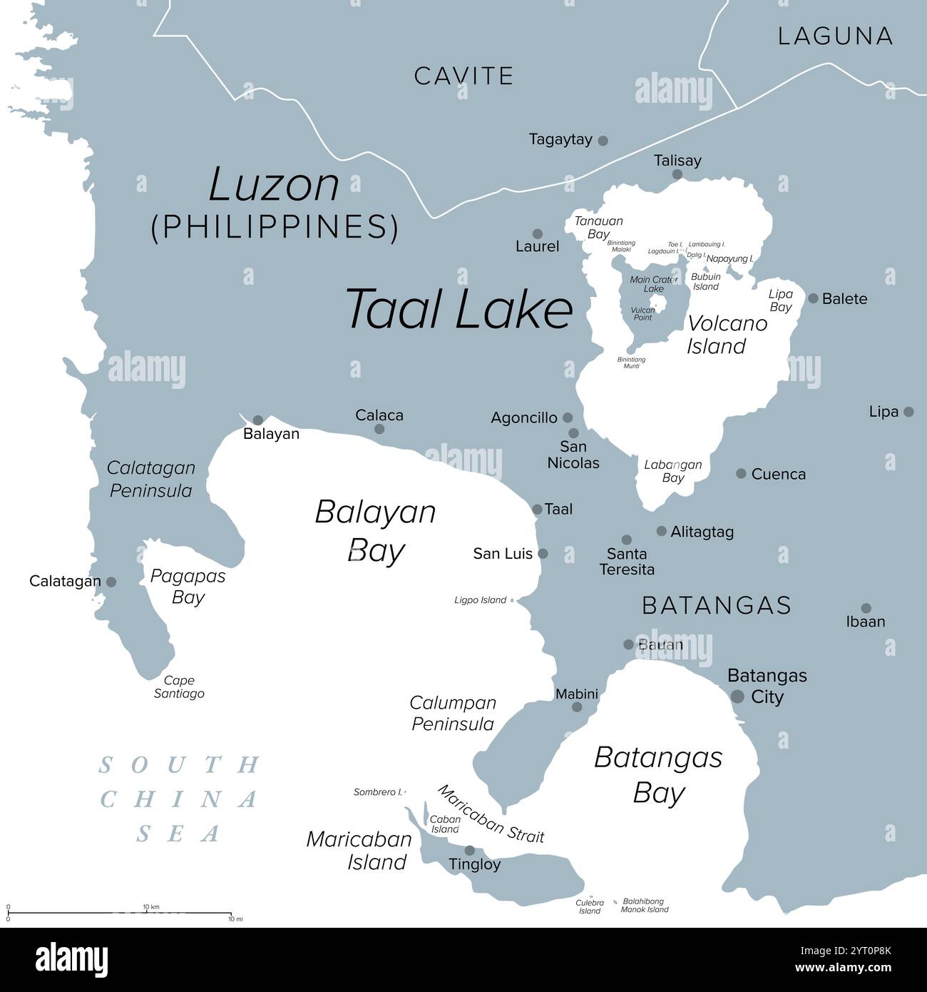 Vulcano Taal riempito dal lago Taal sull'isola di Luzon nelle Filippine, mappa politica. Grande caldera di un vulcano attivo piena di acqua dolce. Foto Stock