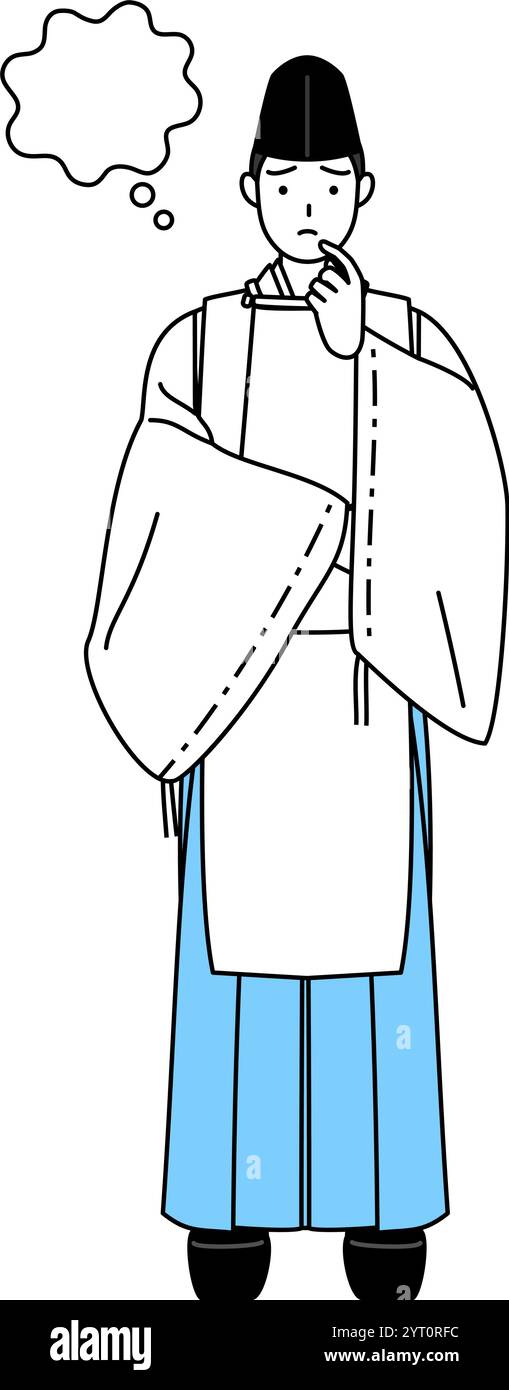 Sacerdote del santuario, con indosso un Eboshi e Kariginu, che pensa mentre gli grattano la faccia, illustrazione vettoriale Illustrazione Vettoriale