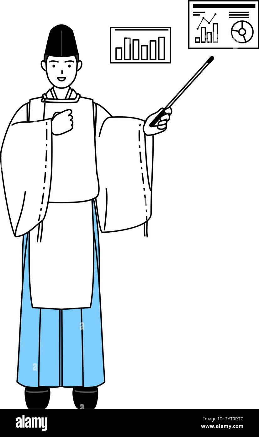 Sacerdote del santuario, indossando un Eboshi e Kariginu, analizzando un grafico delle prestazioni, illustrazione vettoriale Illustrazione Vettoriale