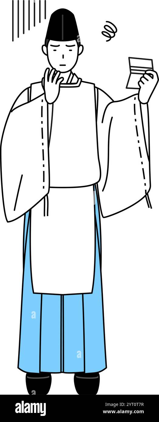 Sacerdote del santuario, con indosso un Eboshi e Kariginu, guardando il suo libro dei conti e sentendosi depresso, illustrazione vettoriale Illustrazione Vettoriale