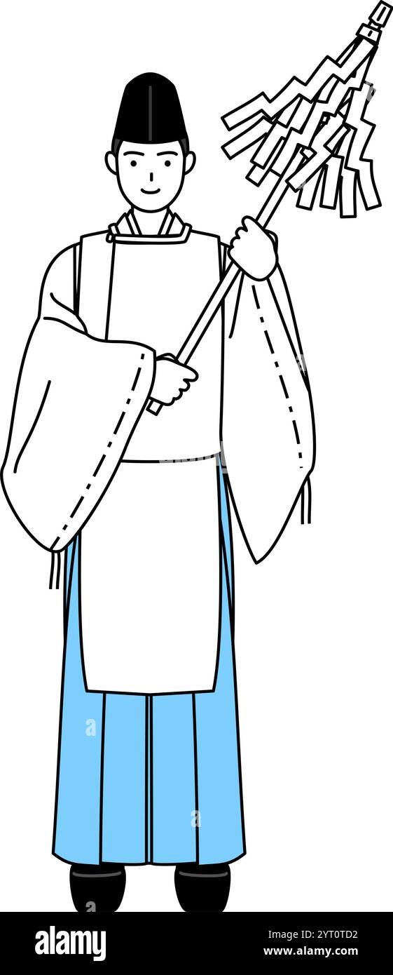 Sacerdote del santuario, con indosso un Eboshi e Kariginu, pregando, illustrazione vettoriale Illustrazione Vettoriale