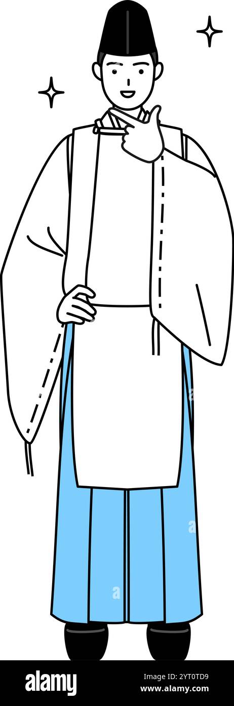 Sacerdote del santuario, con indosso un Eboshi e Kariginu, in una posa sicura, illustrazione vettoriale Illustrazione Vettoriale