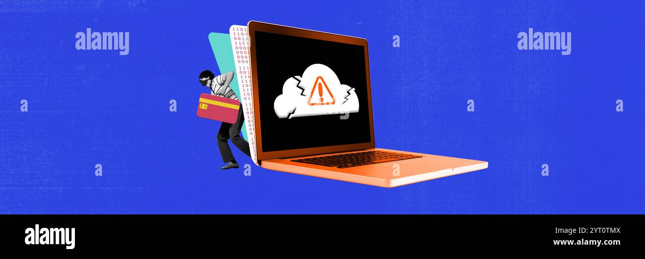 Collage d'arte contemporanea. L'hacker trasporta carta di credito rubata oltre il laptop con un'icona di avviso sullo schermo, che rappresenta le minacce alla sicurezza Internet e. Foto Stock