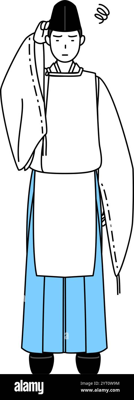 Sacerdote del santuario, con indosso un Eboshi e Kariginu, graffiando la testa in pericolo, illustrazione vettoriale Illustrazione Vettoriale