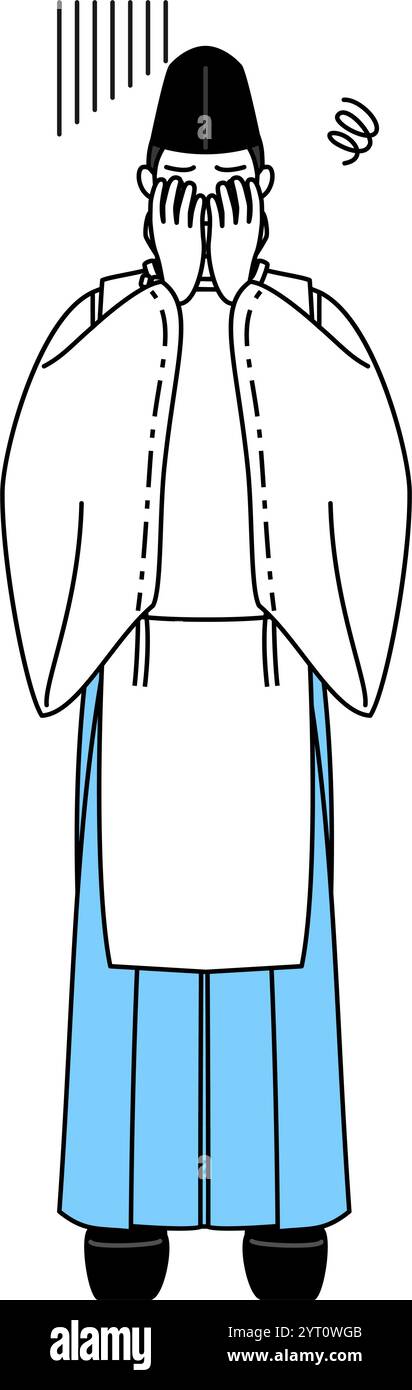 Sacerdote del santuario, con indosso un Eboshi e Kariginu, che copre il suo volto in depressione, illustrazione vettoriale Illustrazione Vettoriale