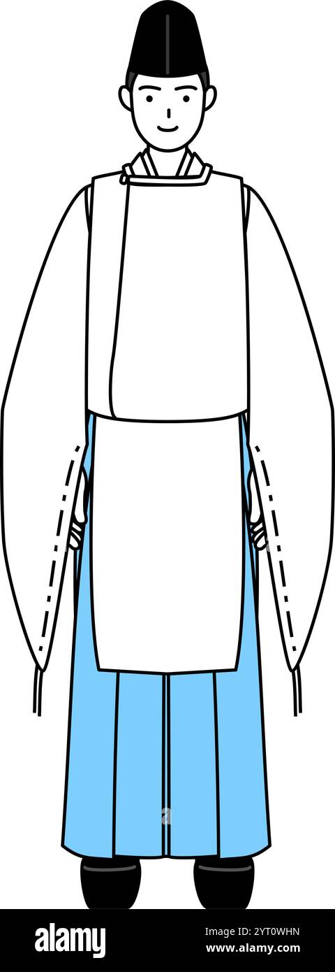Sacerdote del santuario, con indosso un Eboshi e un Kariginu, con un sorriso rivolto in avanti, illustrazione vettoriale Illustrazione Vettoriale