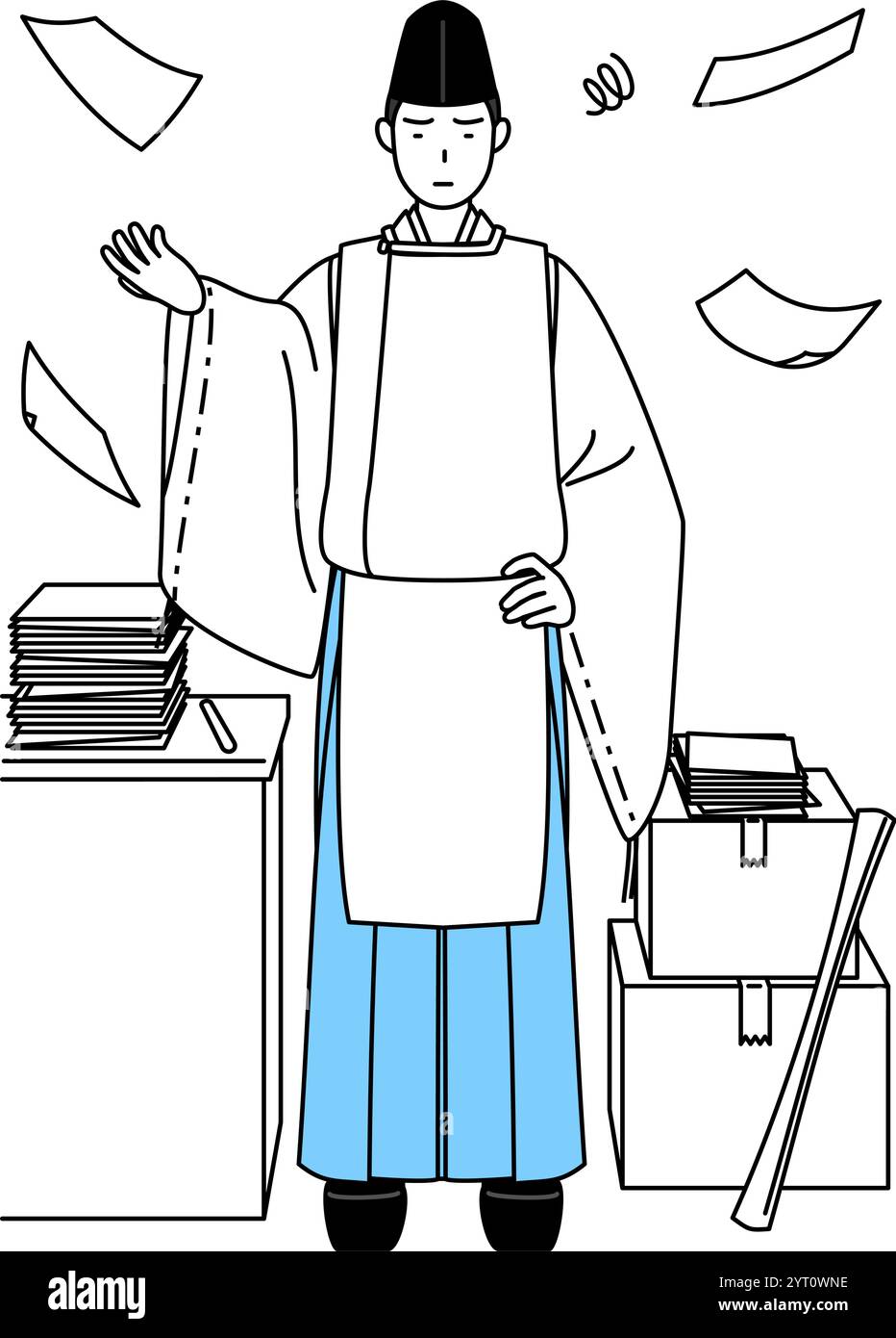 Sacerdote del santuario, con indosso un Eboshi e Kariginu, stanco dei suoi affari non organizzati, Vector Illustration Illustrazione Vettoriale